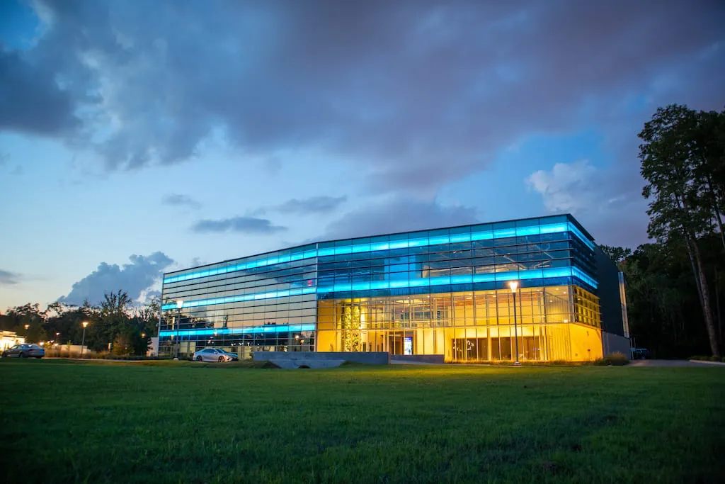 building at sunset